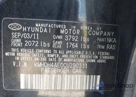 2012 Hyundai Elantra Gls (Ulsan Plant) z USA, uszkodzony, nr VIN KMHDH4AE0CU290311